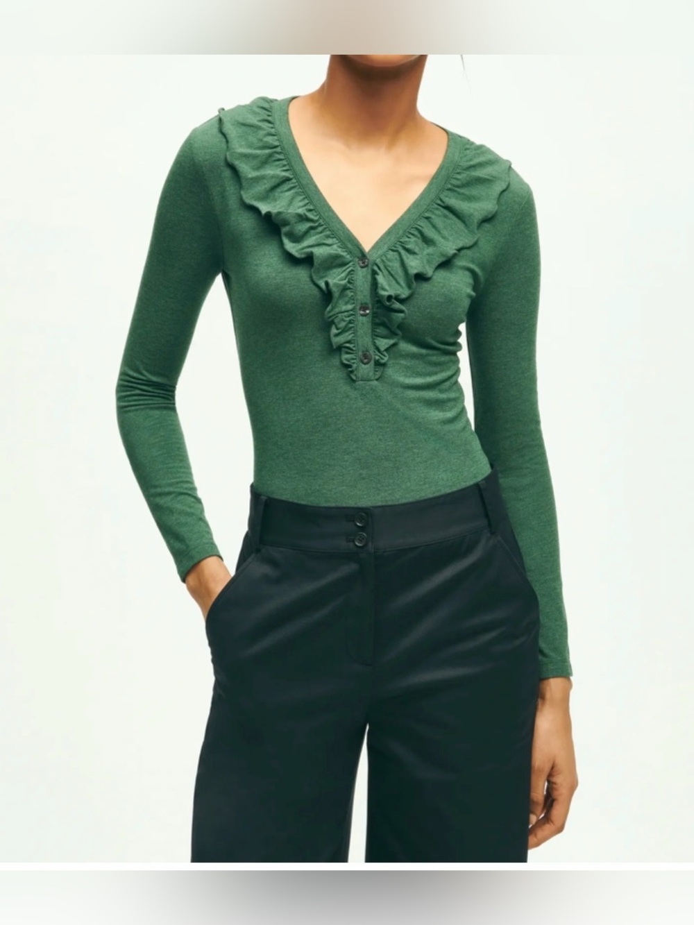 NW Brooks Brothers Ruffled V-Neck Long Sleeve Top - Green Size S